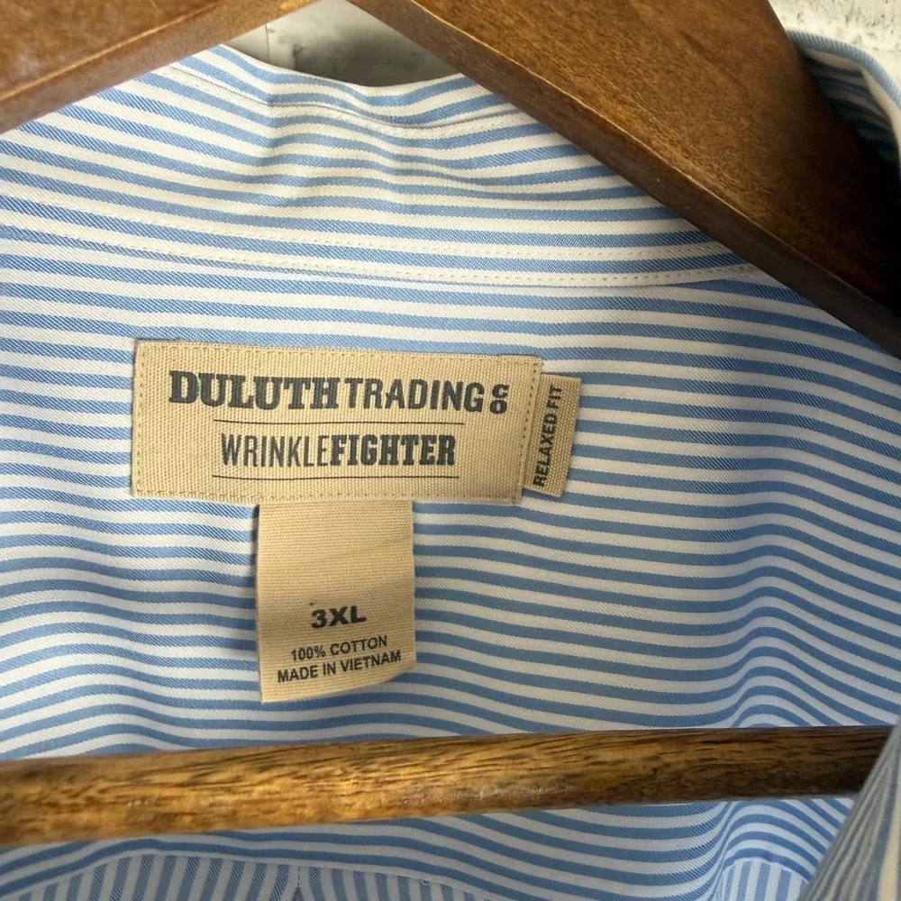Duluth Trading Co Wrinklefighter Shirt Mens 3XL Light Blue Striped Relaxed Fit - Picture 3 of 7